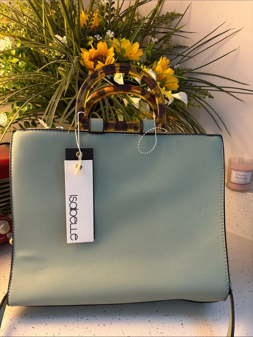 Isabelle Vegan Mint Green Purse with Tortoiseshell Handles